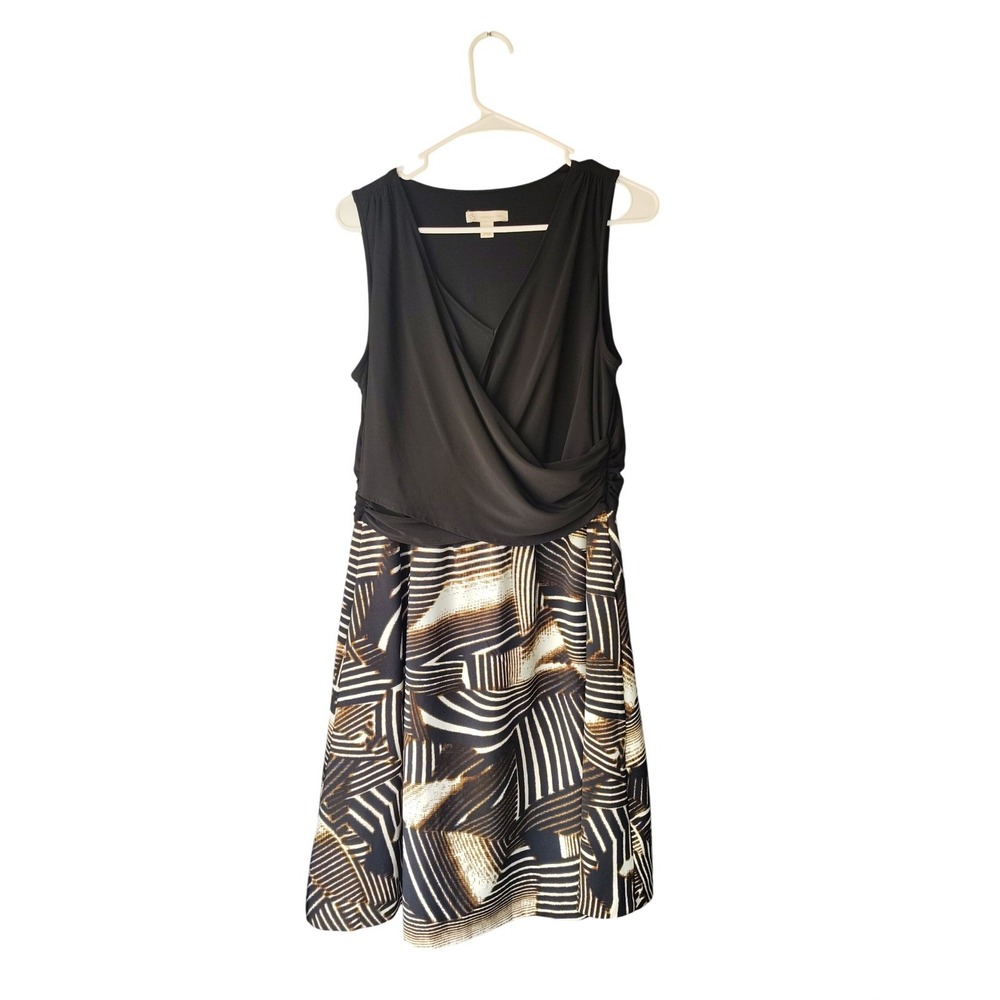 Dress Barn Womens Black Brown Geometric Print Faux Wrap Sleeveless Dress Size 12